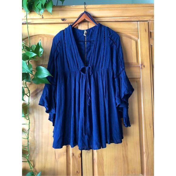 Free People Women Romeo Navy Blue Ladder Trim Boho Mini Dress SP - Picture 2 of 14